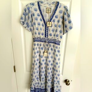 NWT BELL by Alicia Bell Blue and White Buttoned Sundress with Flutter Sleeves